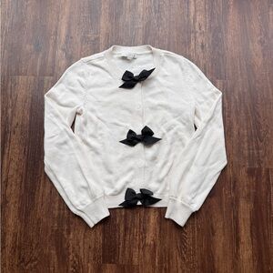 LOFT Women’s Ivory Cardigan Black Satin Bow Ribbon Coquette Crewneck Sweater- XS